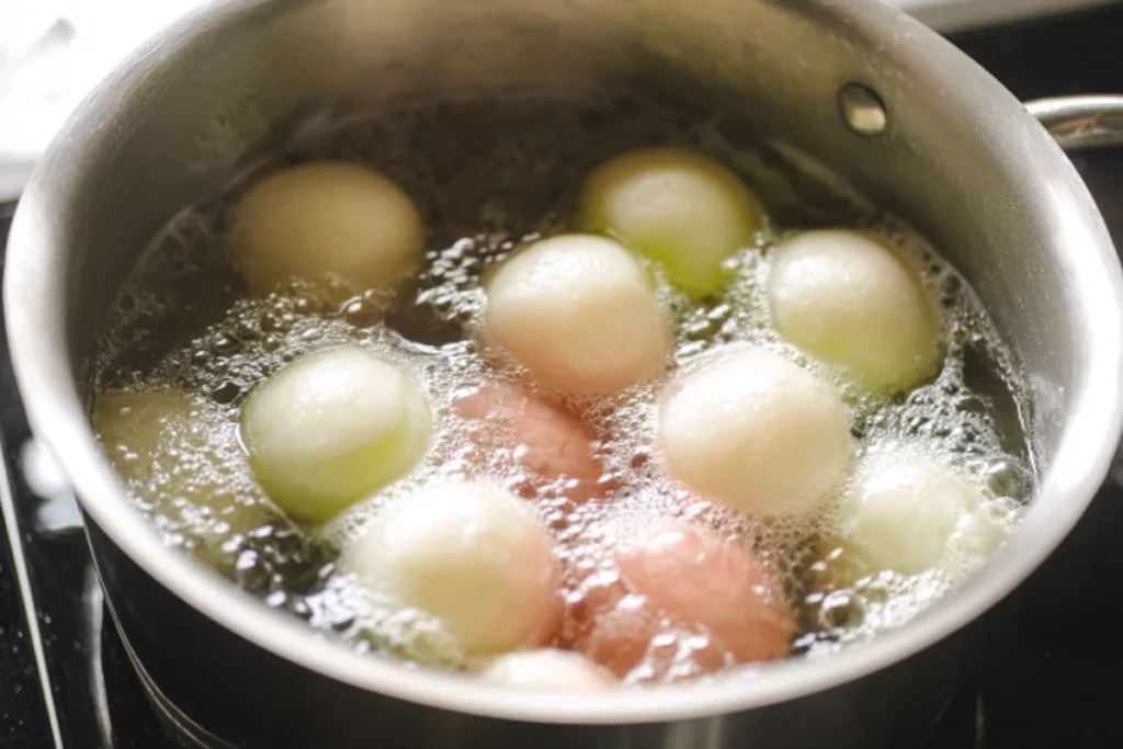 hanami dango dumplings cooking in boiling water until they float
