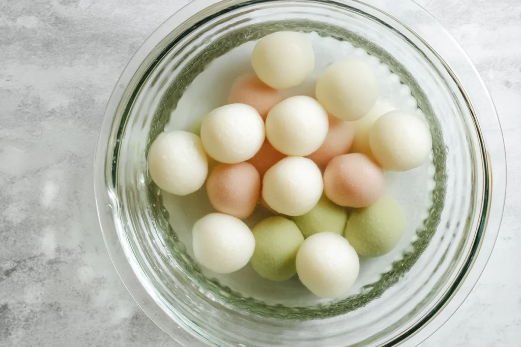 cooked hanami dango resting in cool water to set texture