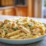 creamy garlic chicken pasta served warm on a modern ceramic plate