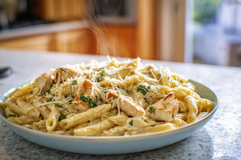 creamy garlic chicken pasta served warm on a modern ceramic plate