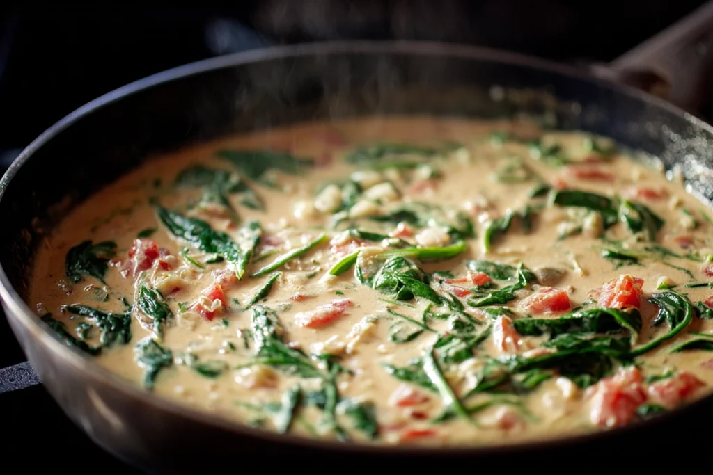 creamy garlic sauce forming in skillet for creamy garlic chicken pasta