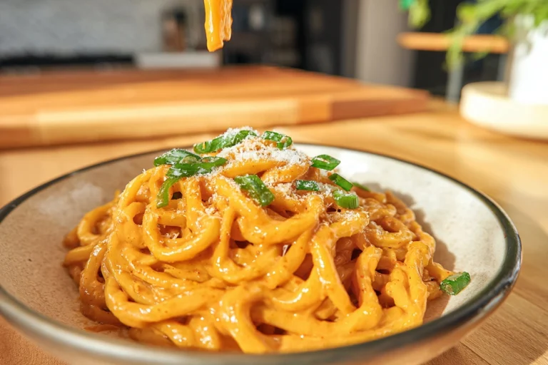 creamy gochujang udon noodles served on a ceramic plate in a cozy home kitchen