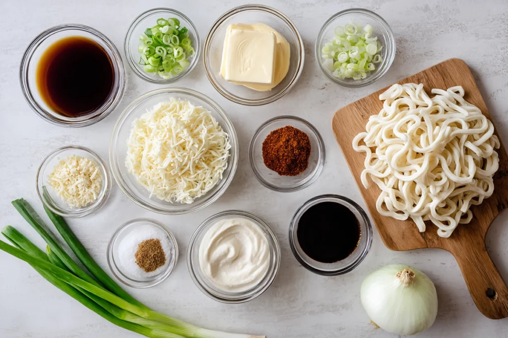 ingredients for creamy gochujang udon noodles arranged neatly overhead