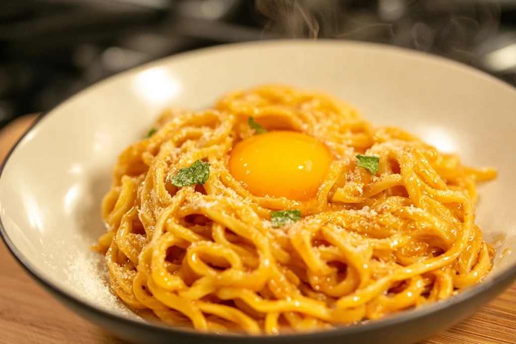 creamy gochujang udon noodles ready to eat with egg yolk