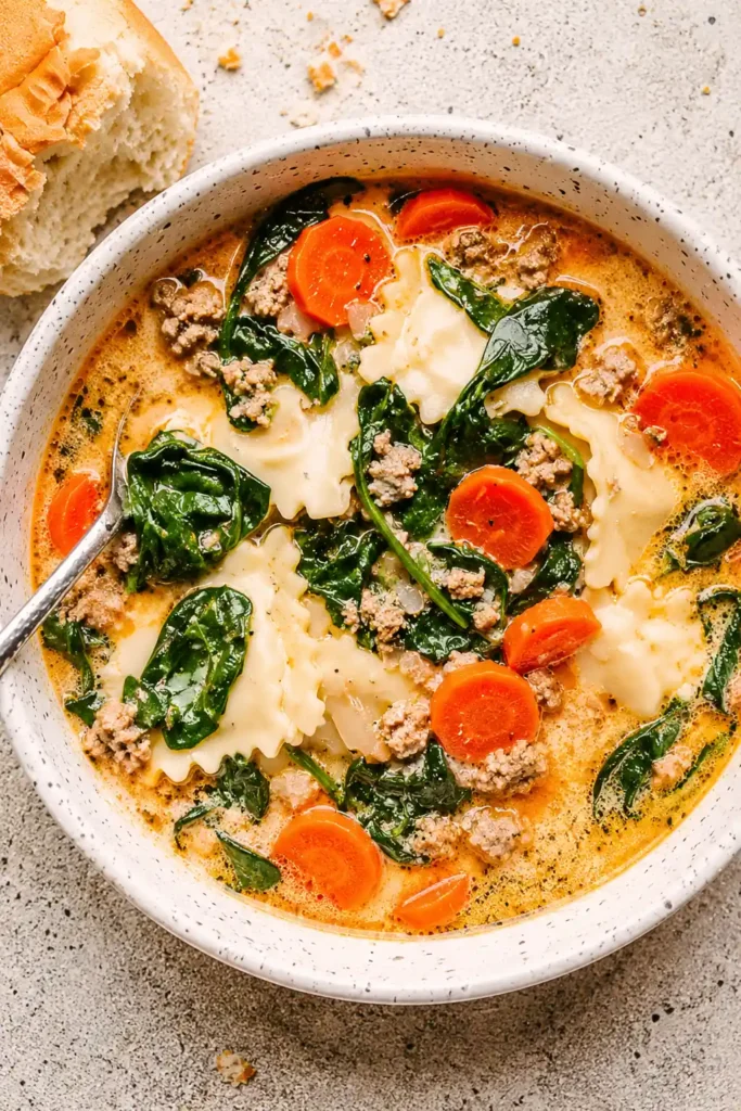 Creamy Ravioli Soup for a Cozy One-Pot Weeknight Dinner 2 Creamy Ravioli Soup served in a bowl with bread and spinach