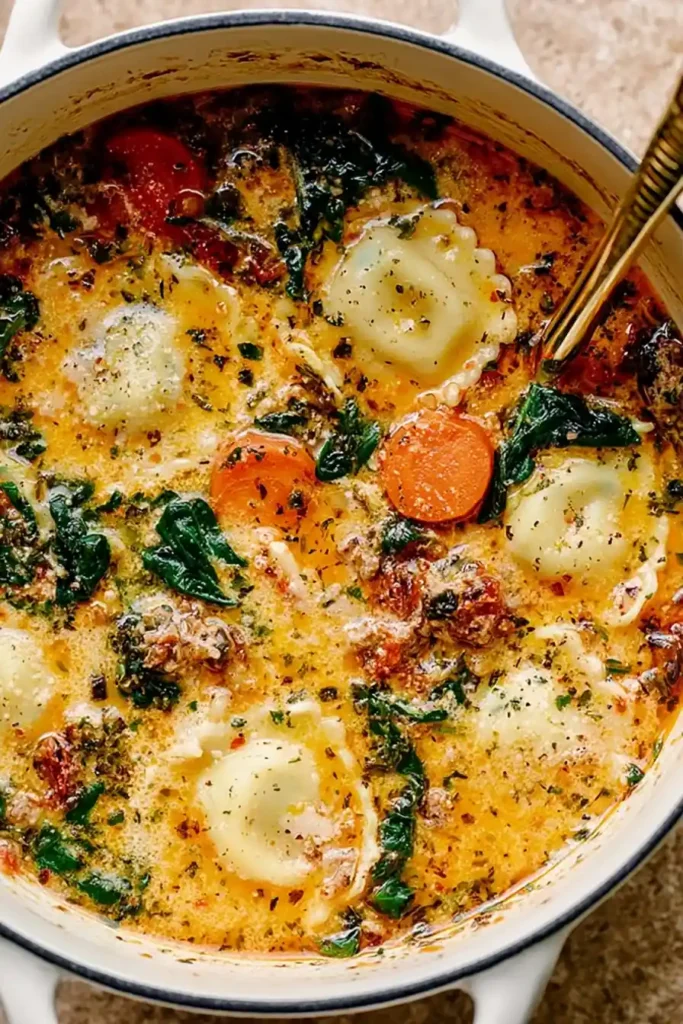 Creamy Ravioli Soup for a Cozy One-Pot Weeknight Dinner 5 Finished Creamy Ravioli Soup with spinach and cheese ravioli in a Dutch oven
