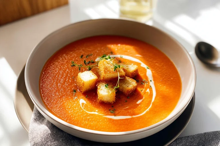 creamy tomato bisque served warm with sourdough croutons in a modern home kitchen