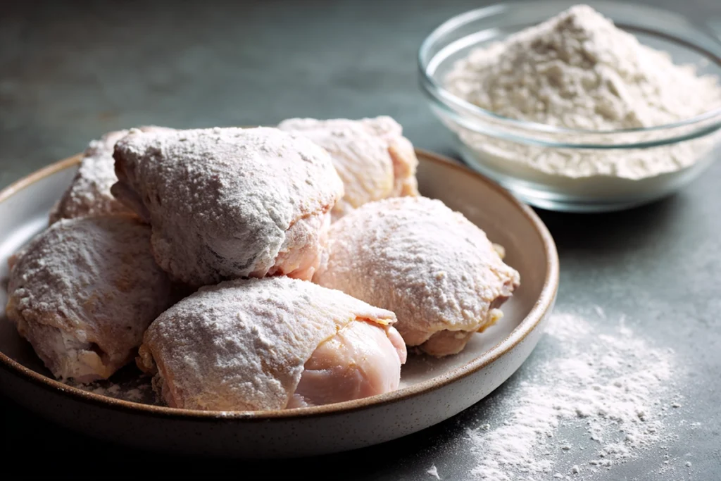 Chicken thighs dredged in flour for southern fried chicken and waffles