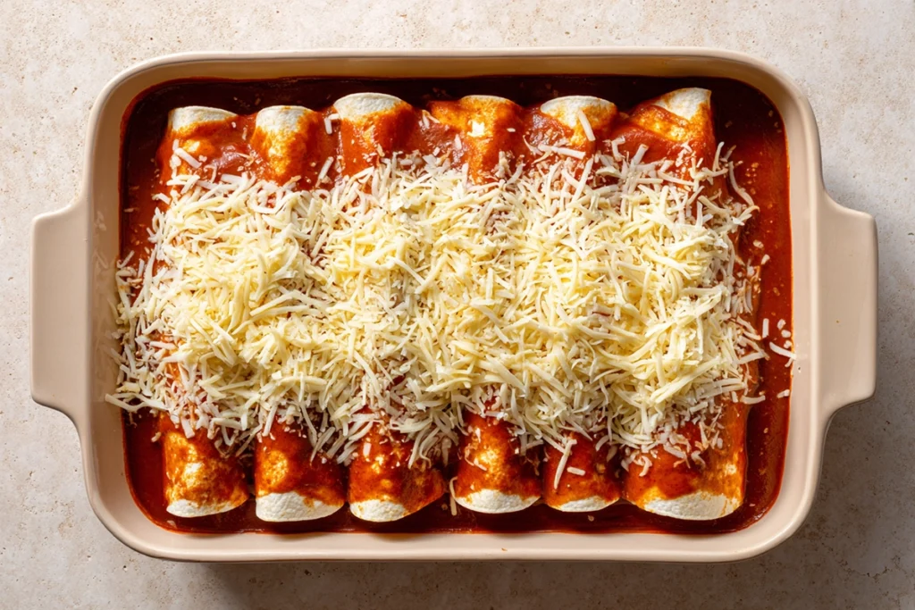 Easy ground beef enchiladas assembled with sauce and cheese before baking