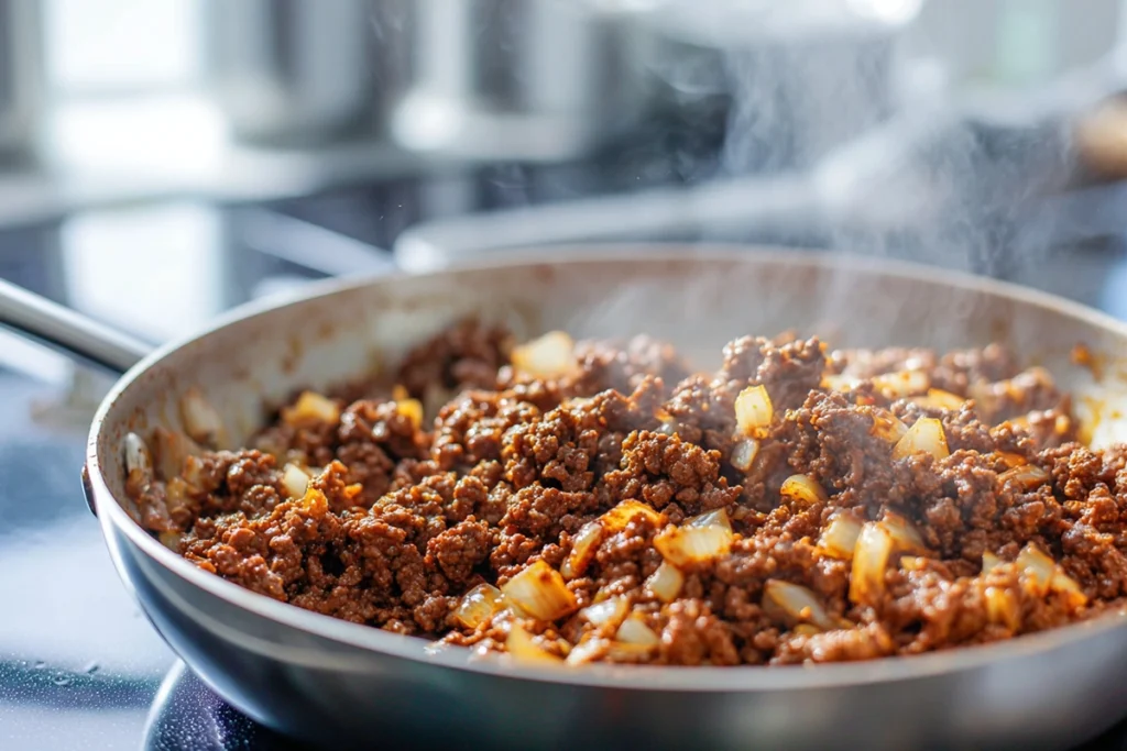 Seasoned ground beef cooking for easy ground beef enchiladas