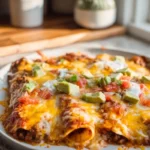 Easy ground beef enchiladas plated fresh from the oven in a modern home kitchen
