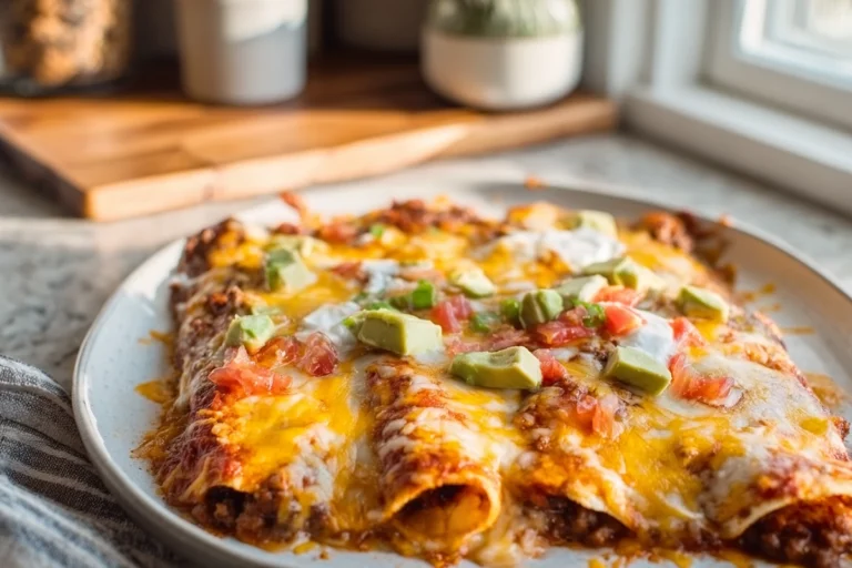 Easy ground beef enchiladas plated fresh from the oven in a modern home kitchen