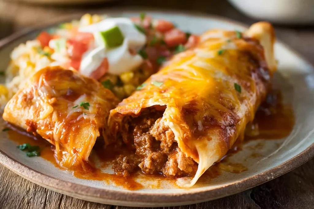 Easy ground beef enchiladas served hot with melted cheese and sauce
