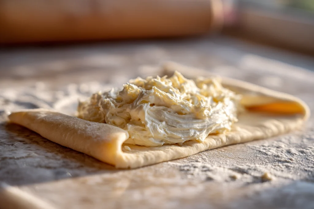 chicken pillows filling placed on crescent dough before folding
