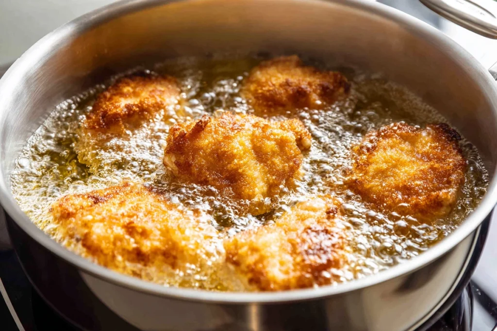 Southern fried chicken cooking in oil for chicken and waffles