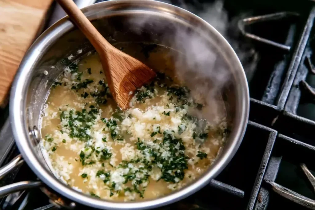 Garlic Parmesan Chicken Meatloaf for an Easy Family Dinner 6 Garlic Parmesan glaze for chicken meatloaf cooking in a small saucepan with parsley