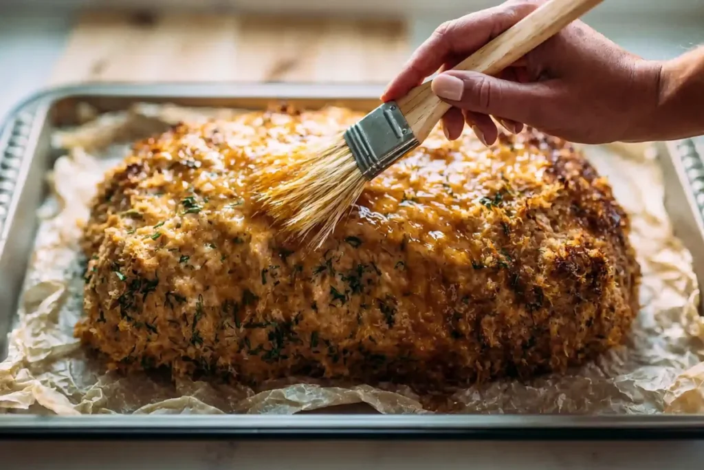 Garlic Parmesan Chicken Meatloaf for an Easy Family Dinner 7 Glazed Garlic Parmesan Chicken Meatloaf on a parchment lined baking tray