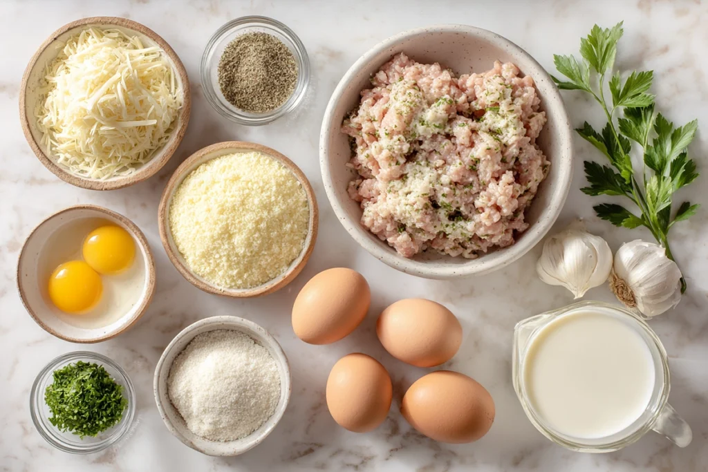 Funnel cake ingredients laid out on marble counter, flour eggs milk sugar