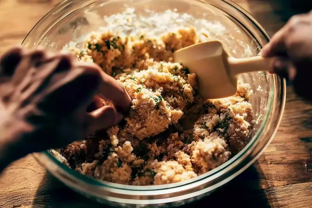 Garlic Parmesan Chicken Meatloaf for an Easy Family Dinner 4 Garlic Parmesan Chicken Meatloaf mixture in a glass bowl with parsley and breadcrumbs