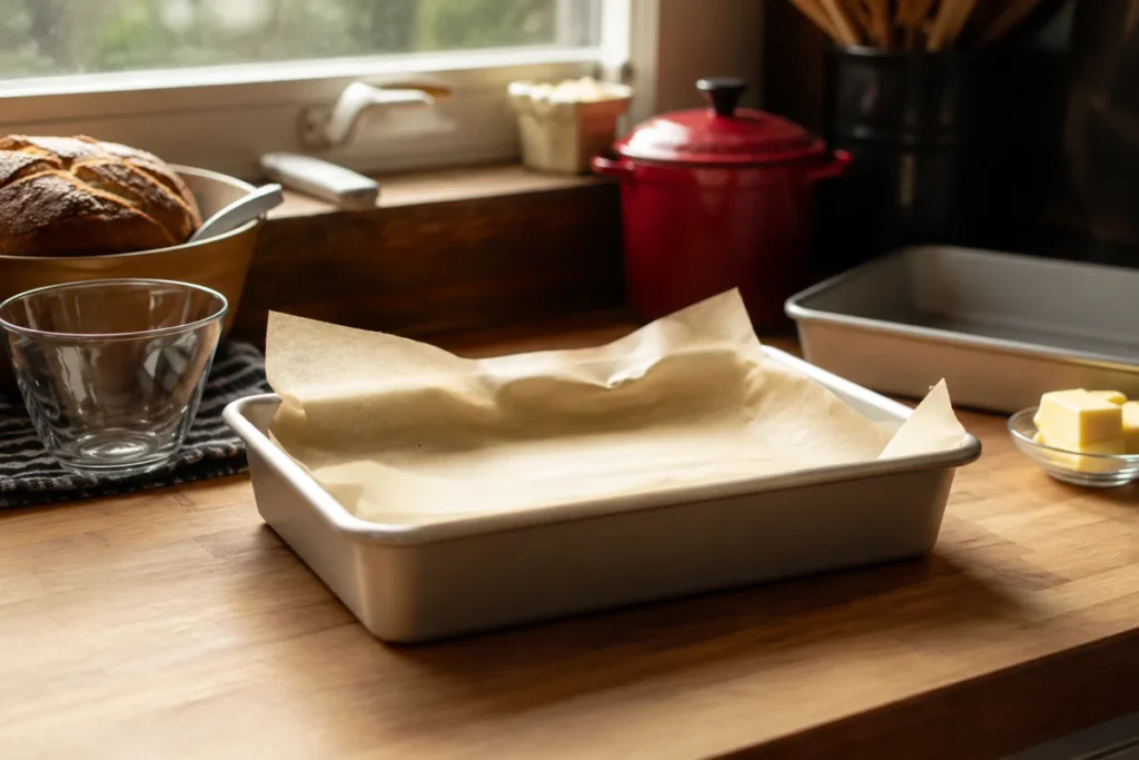 Garlic Parmesan Chicken Meatloaf for an Easy Family Dinner 3 Prepared parchment lined pan for Garlic Parmesan Chicken Meatloaf on a wooden kitchen counter