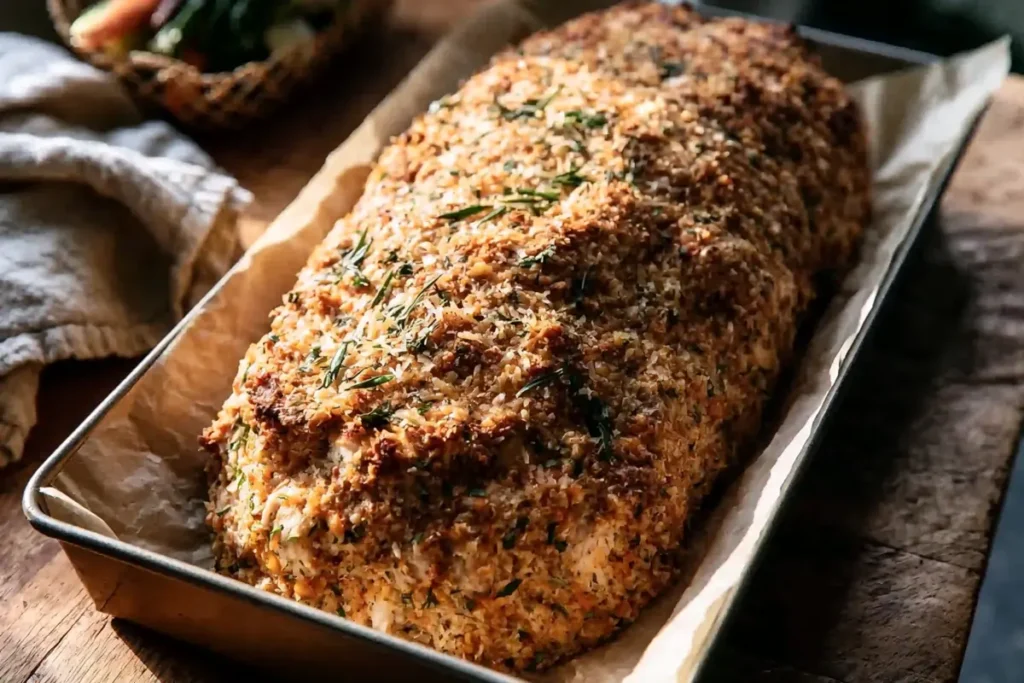 Garlic Parmesan Chicken Meatloaf for an Easy Family Dinner 5 Shaped Garlic Parmesan Chicken Meatloaf in a parchment lined loaf pan before baking