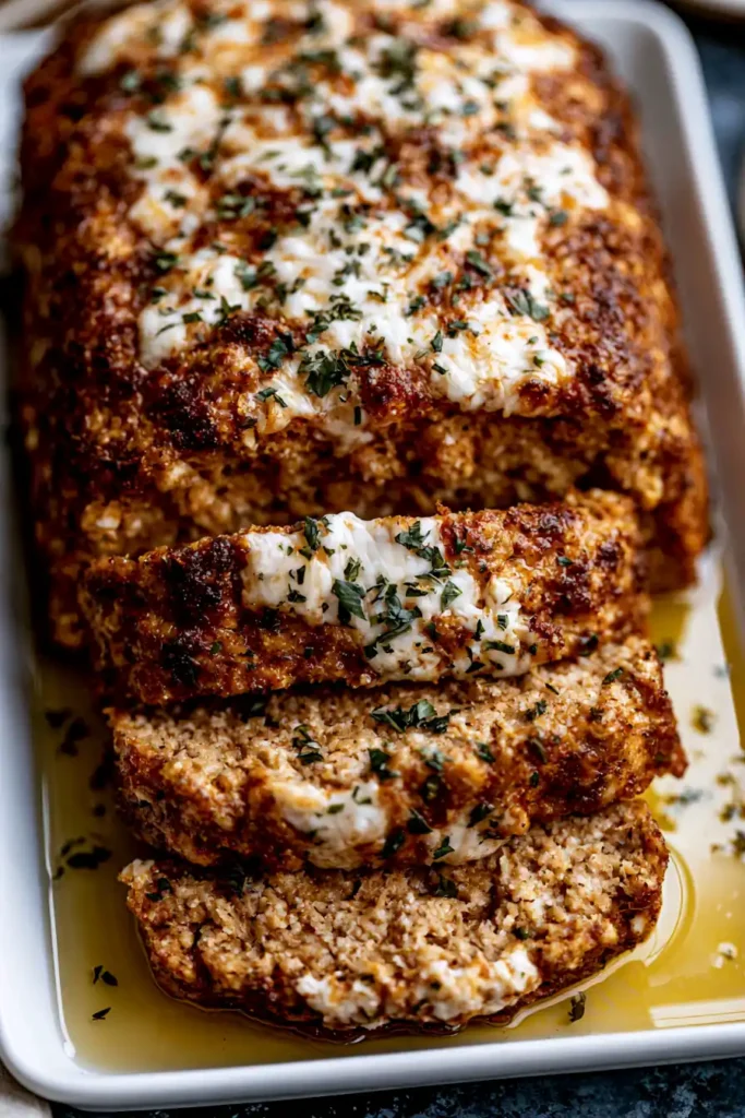 Garlic Parmesan Chicken Meatloaf for an Easy Family Dinner 8 Sliced Garlic Parmesan Chicken Meatloaf with golden glaze on a white serving plate