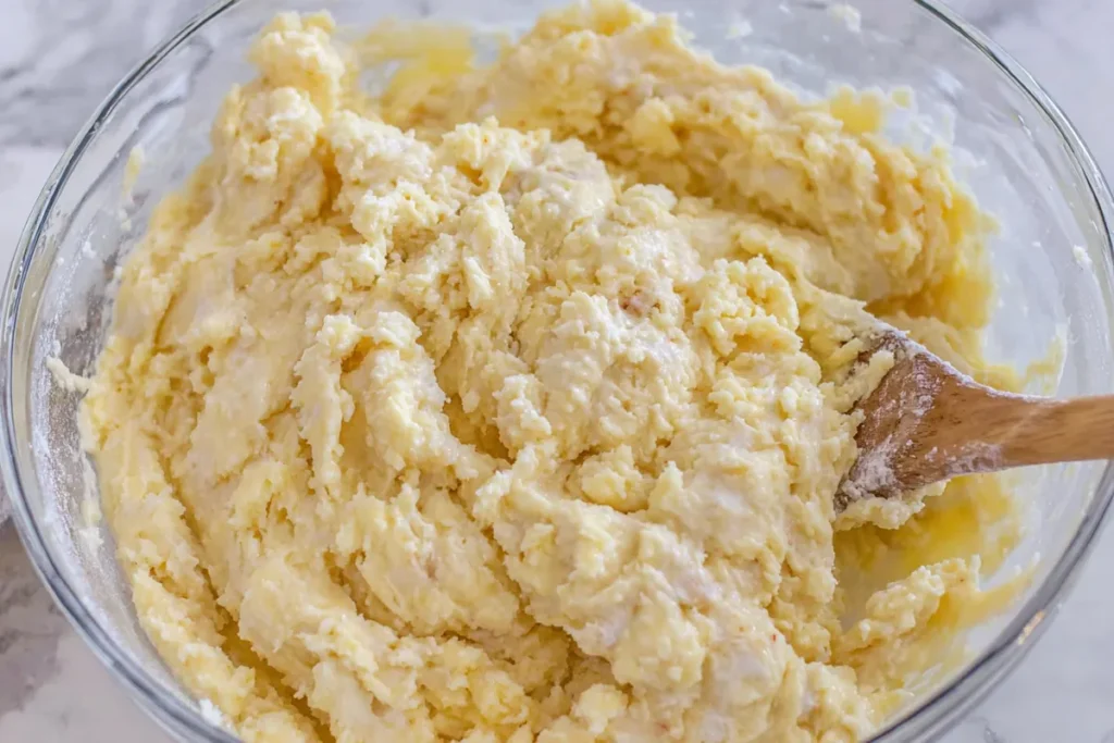 Folding Greek yogurt muffin batter gently in a mixing bowl to keep it light and fluffy