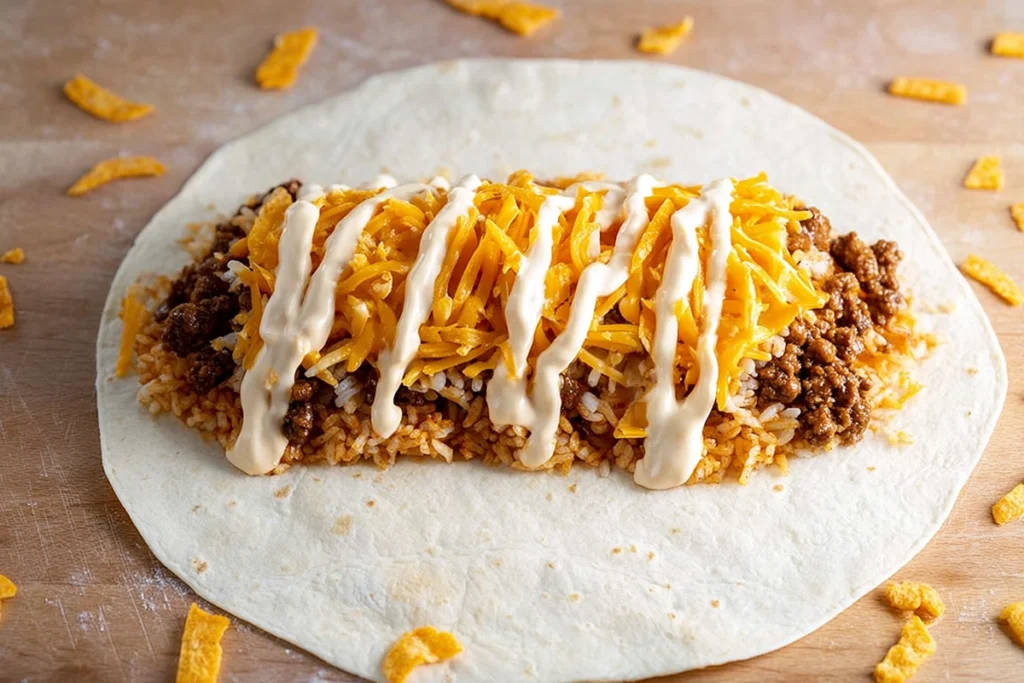Assembling a grilled cheese burrito with rice beef and sauces