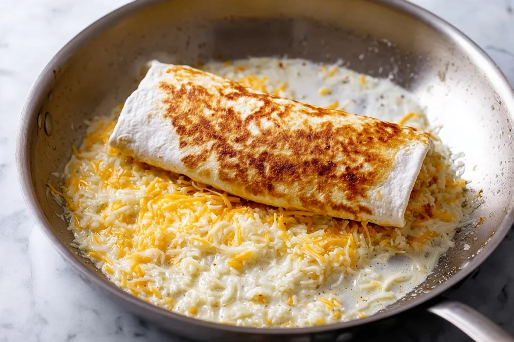 Grilled cheese burrito cooking on skillet with crispy cheese crust forming
