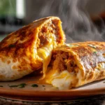 Homemade grilled cheese burrito with crispy cheese crust and melty filling