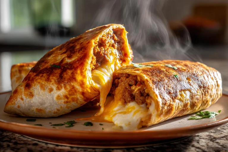 Homemade grilled cheese burrito with crispy cheese crust and melty filling