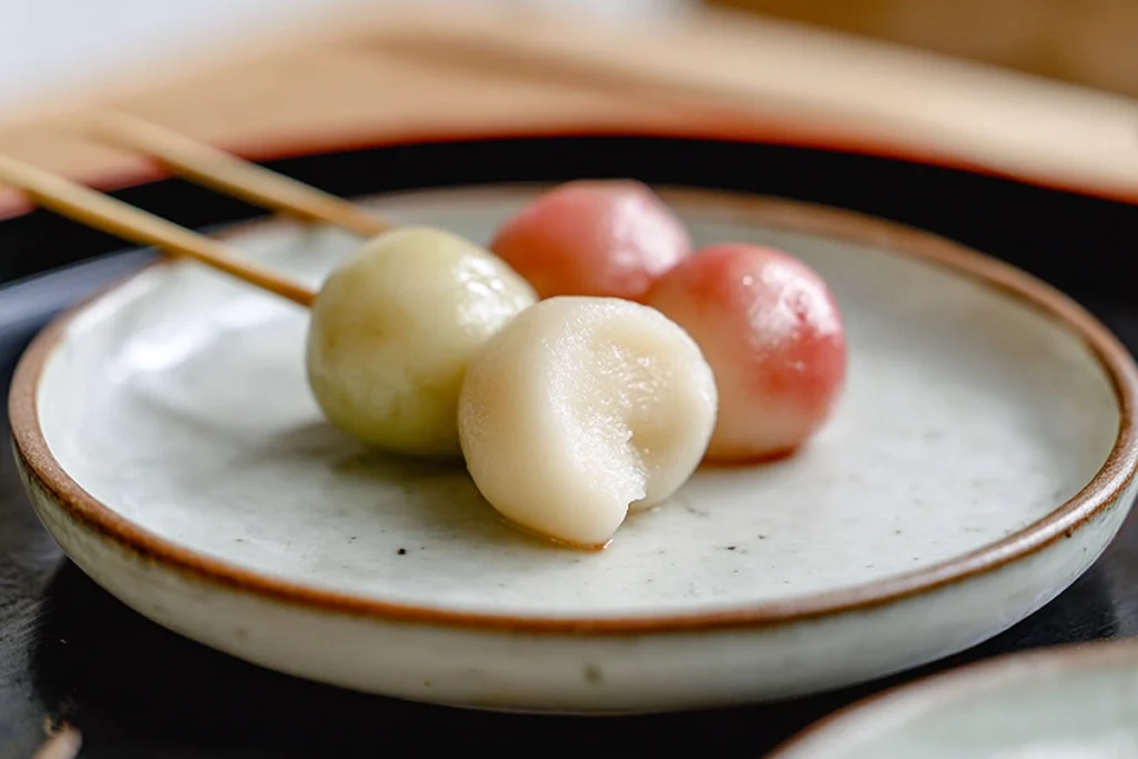 hanami dango showing soft chewy interior just before eating