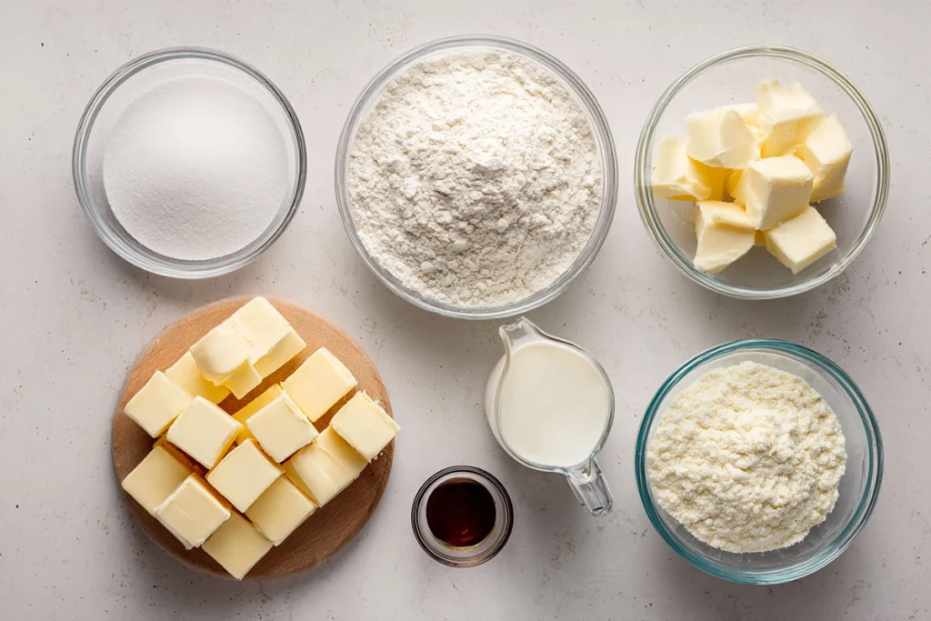 Measured scone ingredients arranged neatly, showing how to make perfect scones step by step