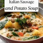 Italian sausage and potato soup served warm in a cozy home kitchen