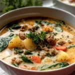 Italian sausage and potato soup served warm in a modern bowl on a kitchen counter