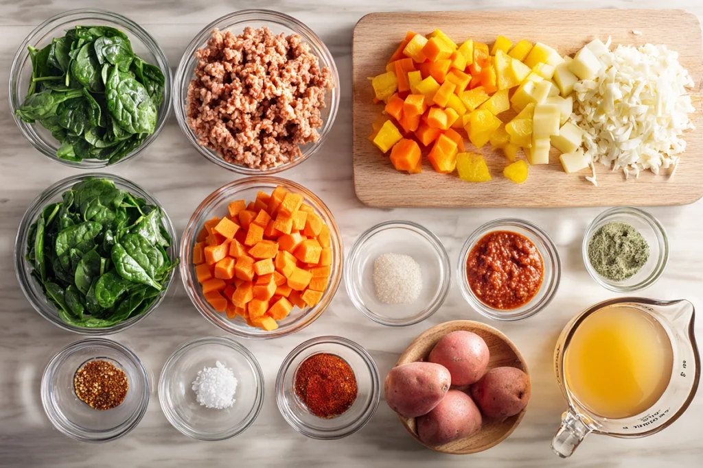 Italian Sausage and Potato Soup That Feels Like Home 7 Ingredients for Italian sausage and potato soup arranged neatly on a kitchen counter