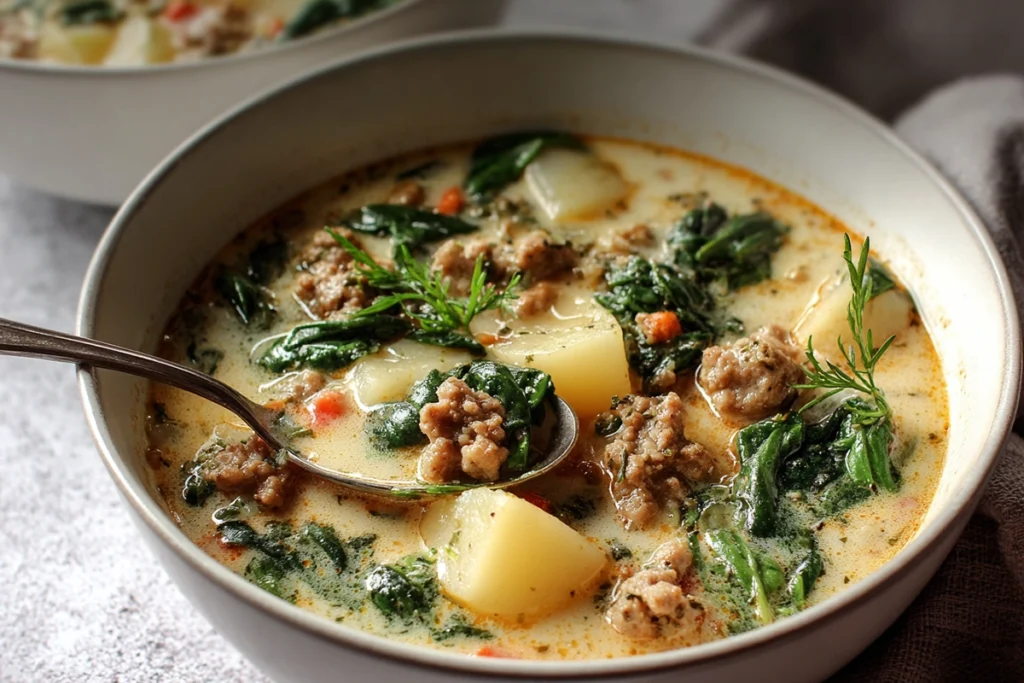 Italian Sausage and Potato Soup That Feels Like Home 10 Serving spoon lifting Italian sausage and potato soup from a warm bowl
