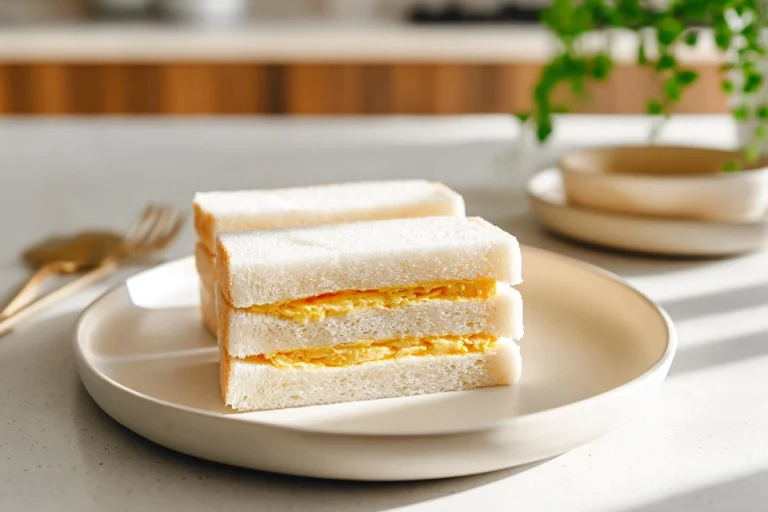 Japanese egg sandwich tamago sando served on a modern plate in a cozy home kitchen