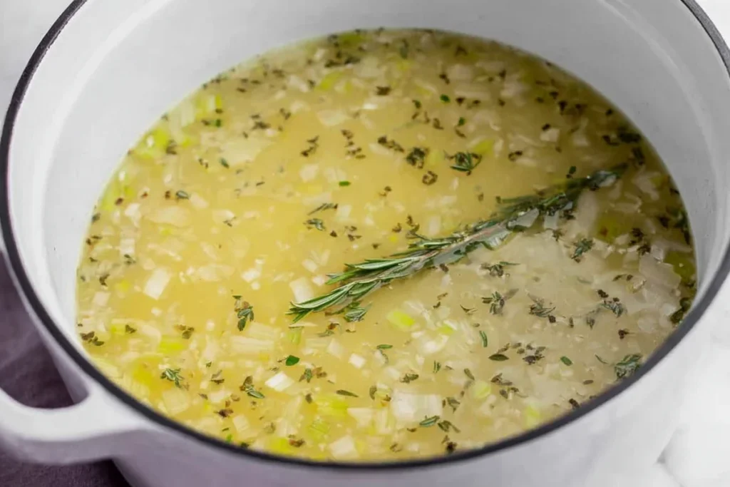 Partially blended keto chicken soup creating a thicker broth