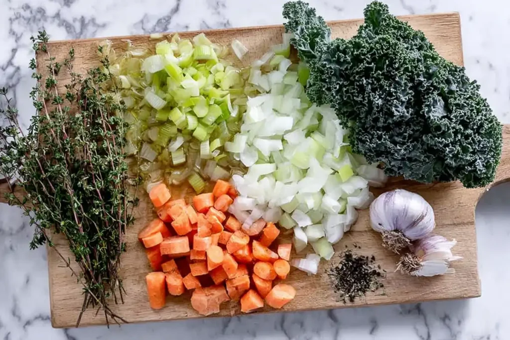 Chopped vegetables and herbs for keto chicken soup on a wooden board