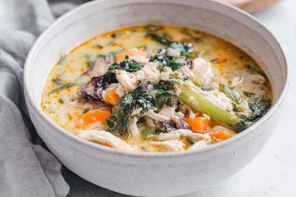 Bowl of keto chicken soup with greens and shredded chicken