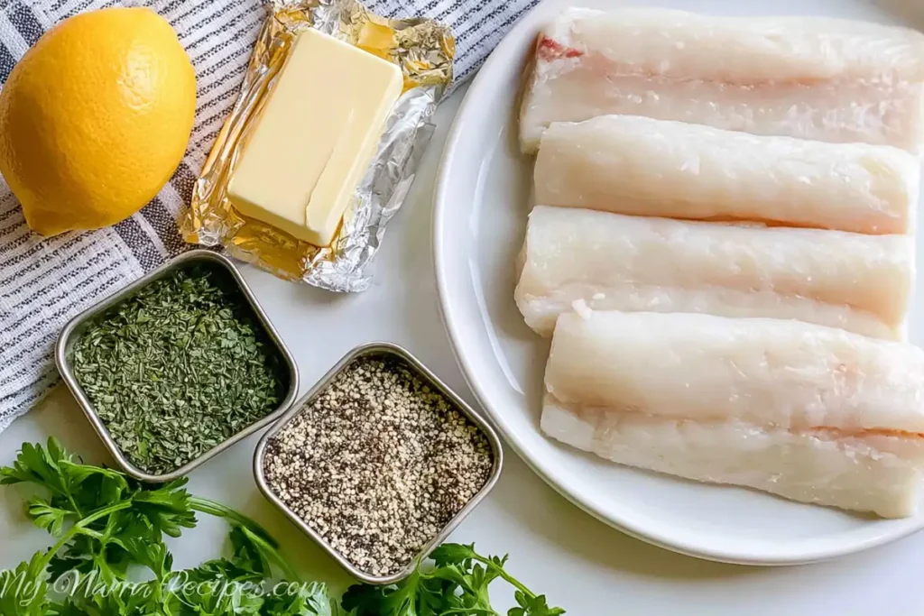 Lemon Garlic Butter Cod for an Easy 30-Minute Dinner 7 Ingredients for lemon garlic butter cod with fresh cod, lemon, butter, garlic, dill, and parsley