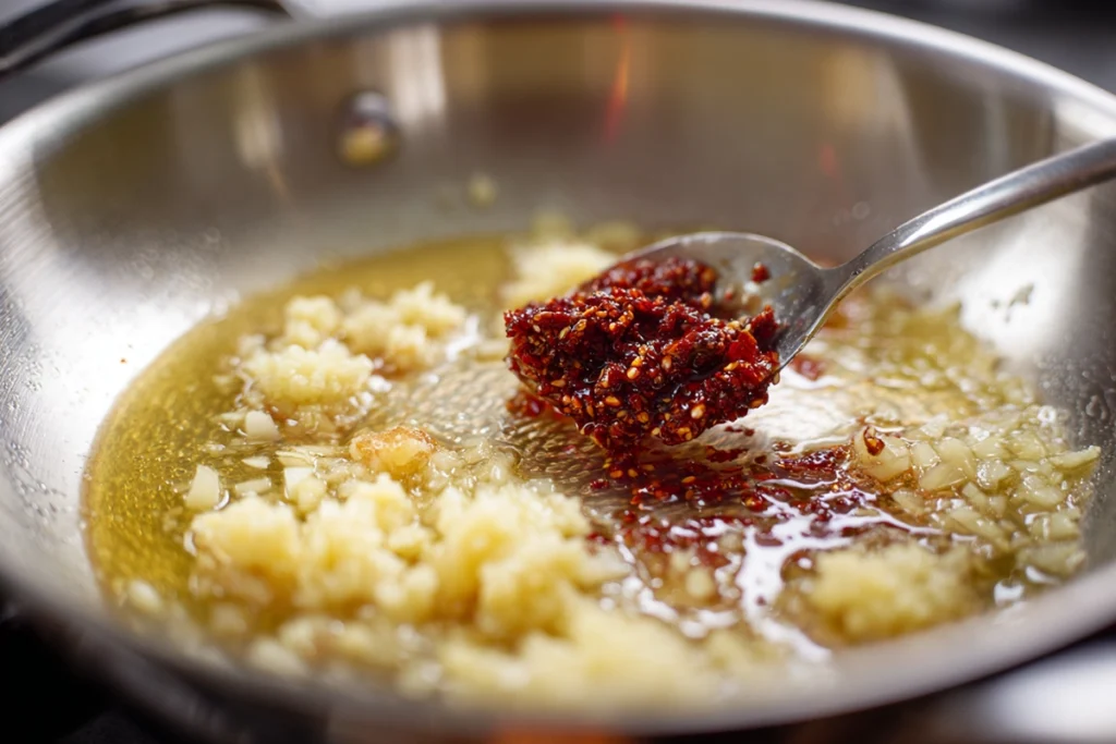 gochujang blooming in butter for creamy gochujang udon noodles