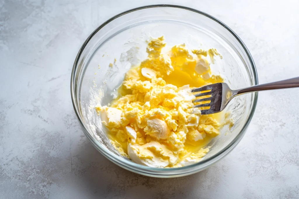 Mashing eggs to prepare Japanese egg sandwich tamago sando filling