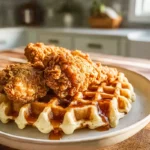 Southern fried chicken and waffles plated fresh in a modern home kitchen