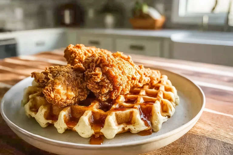 Southern fried chicken and waffles plated fresh in a modern home kitchen