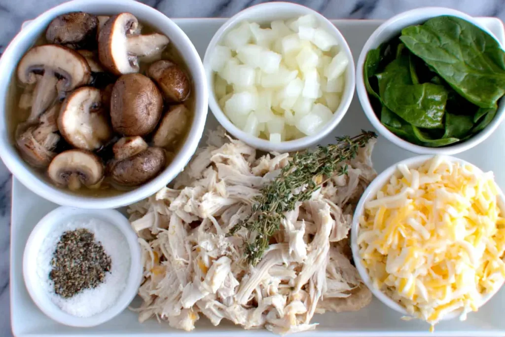Ingredients for rotisserie chicken mushroom soup laid out on a kitchen counter
