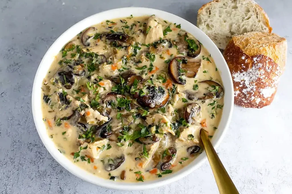 Served rotisserie chicken mushroom soup with bread on the side