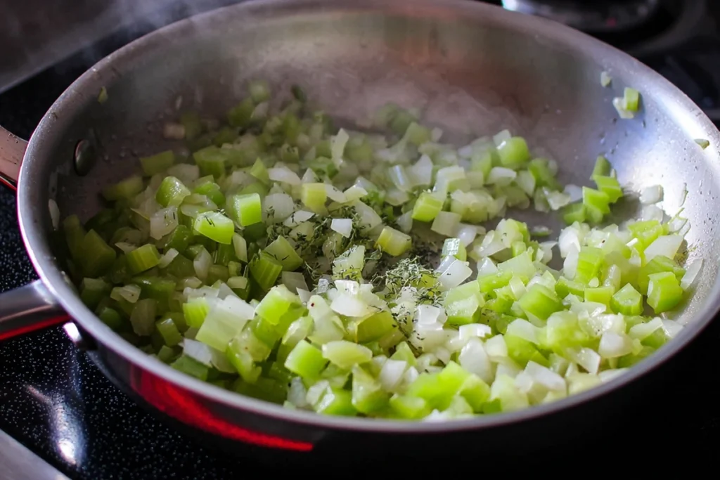 Sautéed celery and onion for chicken wild rice casserole cooking in a skillet