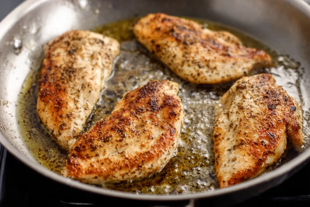 chicken searing in a skillet for creamy garlic chicken pasta